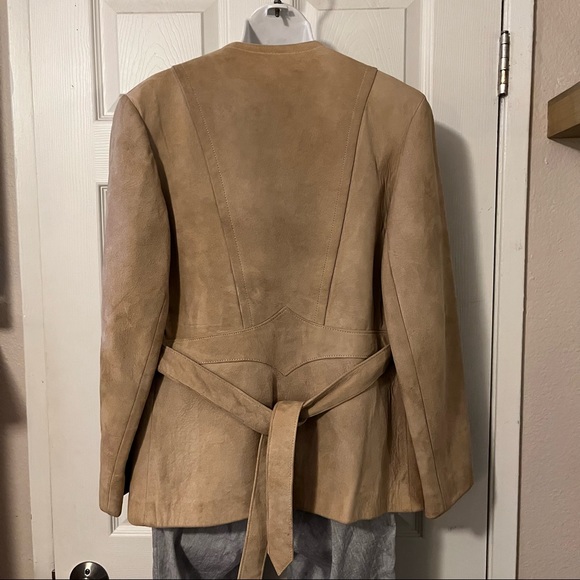 Leather Craft Process Of America Tan Suede One Button Belted Blazer Jacket - Picture 2 of 10